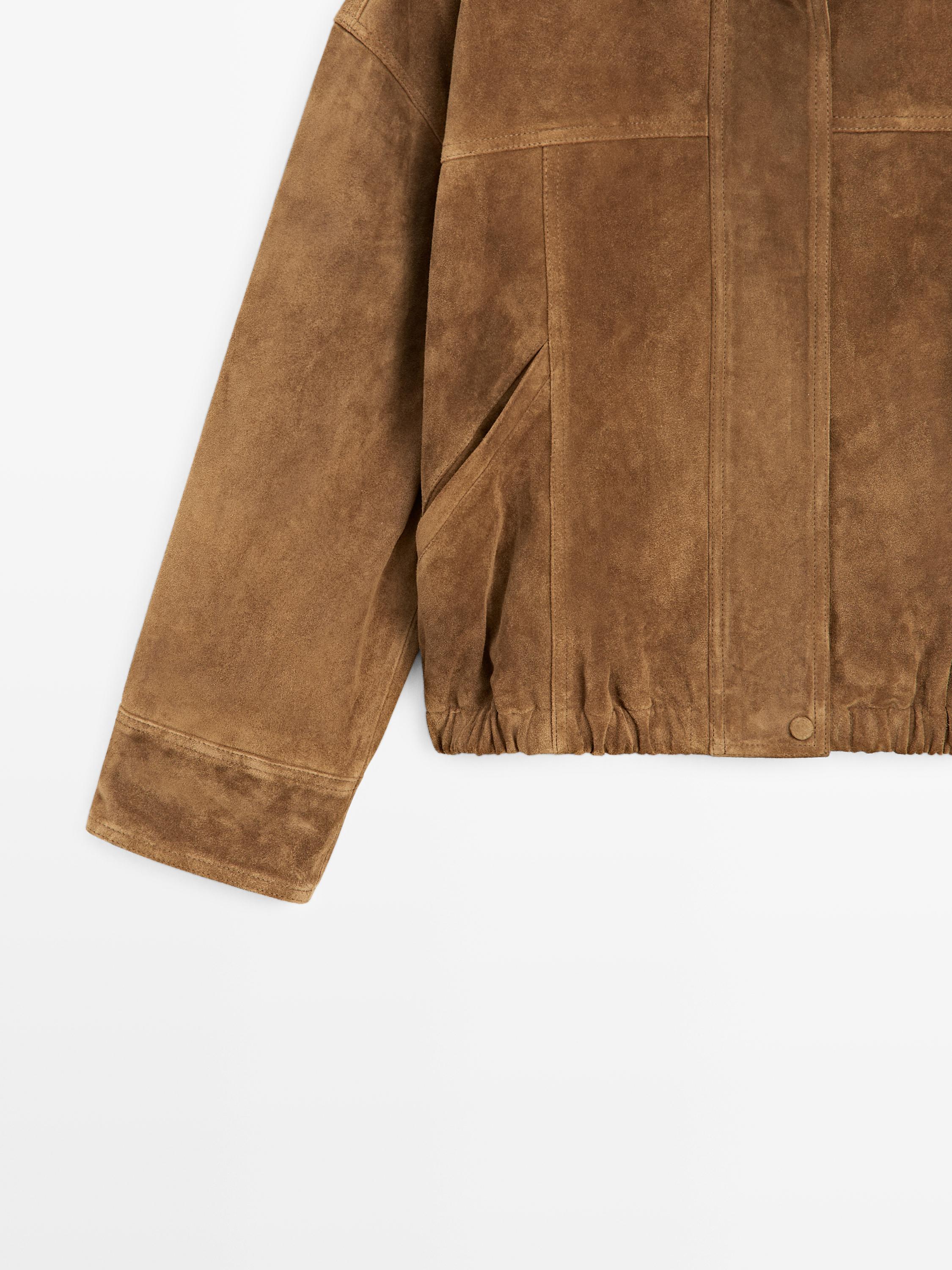Blouson bomber court en cuir daim