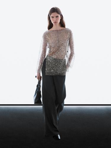 Blouse à col drapé et paillettes - Saumon de Zara - Image 0