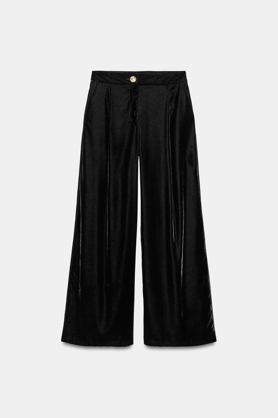 VELVET PALAZZO TROUSERS WITH GOLD BUTTON - Black by Zara - Image 0