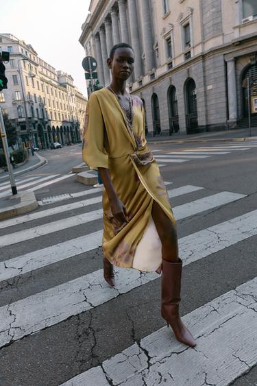 PRINTED SATIN MIDI DRESS - Brown / Green by Zara - Image 0