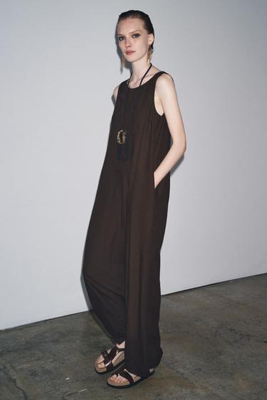 Zara ZW COLLECTION LINEN LONG JUMPSUIT - Brown