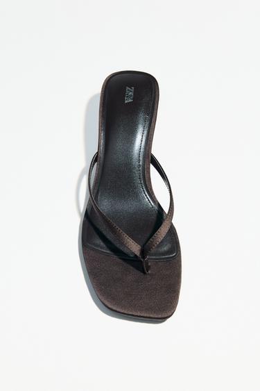 Zara SATIN KITTEN HEEL SANDALS - Brown