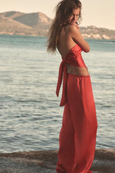 PANTALONI SATINAȚI CU ȘIRETURI - Roșu / Coral de la Zara