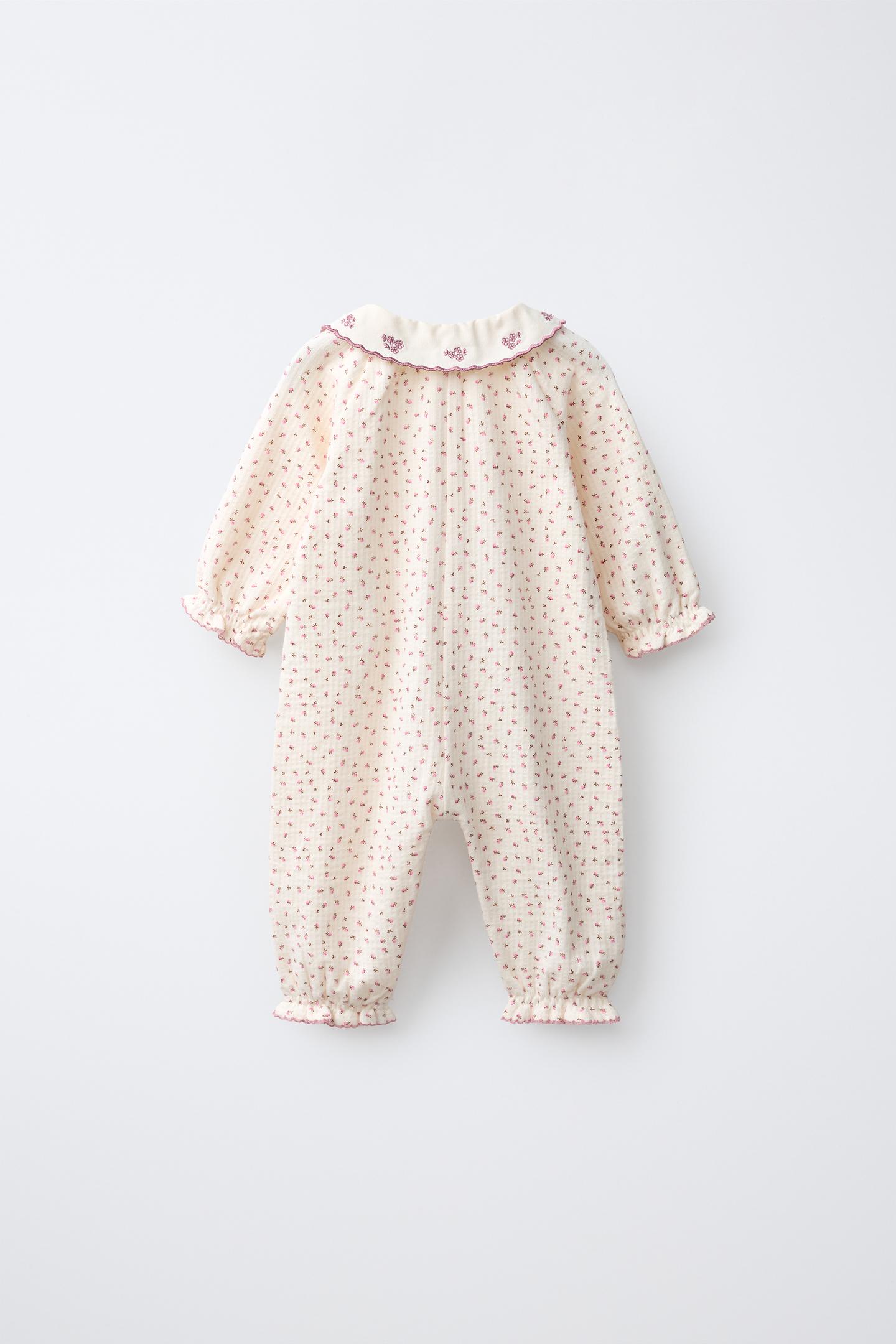 Детский комбинезон Zara Textured Floral Jumpsuit with Embroidered Collar, цвет: Пастельный розовый — фото 3
