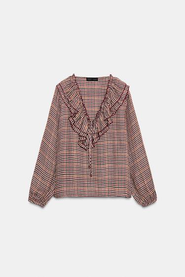 BLOUSE À CARREAUX ET VOLANTS - Marron / Écru de Zara - Image 6