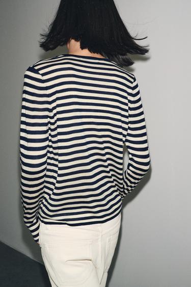 PULL EN MAILLE RAYÉE - Écru / Bleu de Zara - Image 2