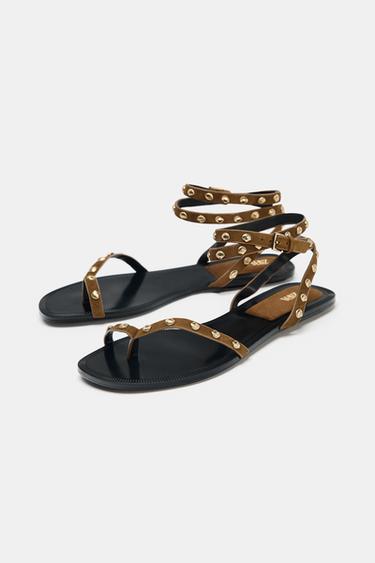LEATHER STUDDED STRAPPY SANDALS - Brown by Zara - Image 3