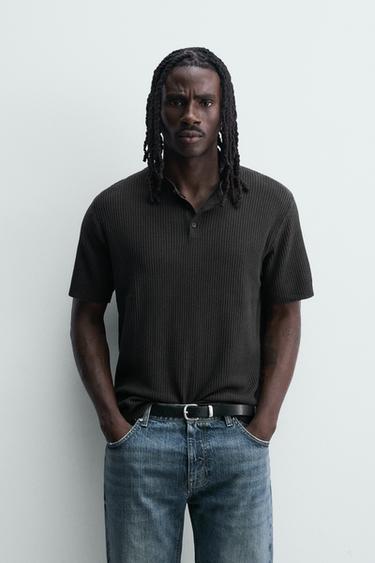 Zara WASHED KNIT HENLEY SHIRT - Black