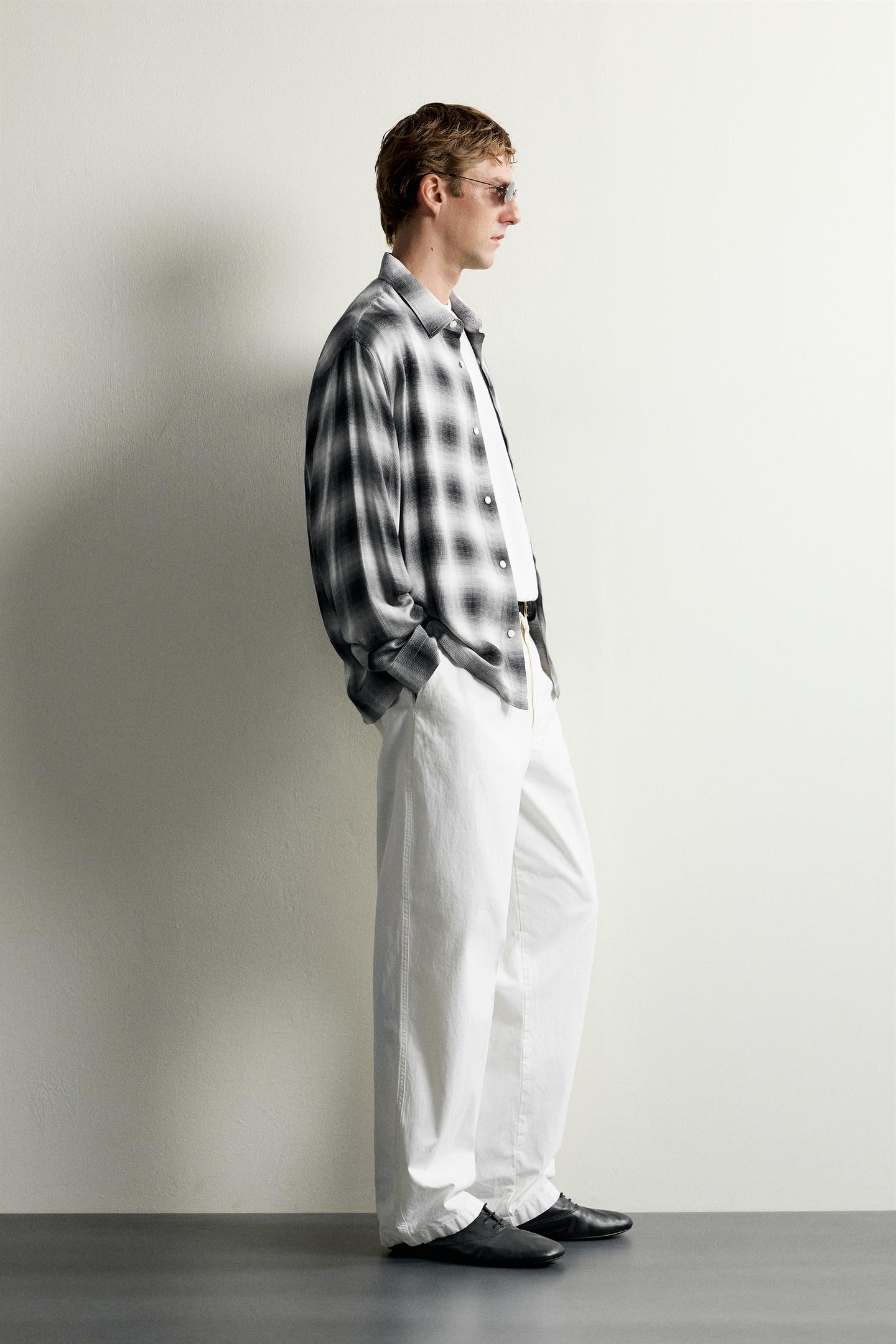 Мужская рубашка Zara Plaid Fluid, цвет: Чёрный — фото 4