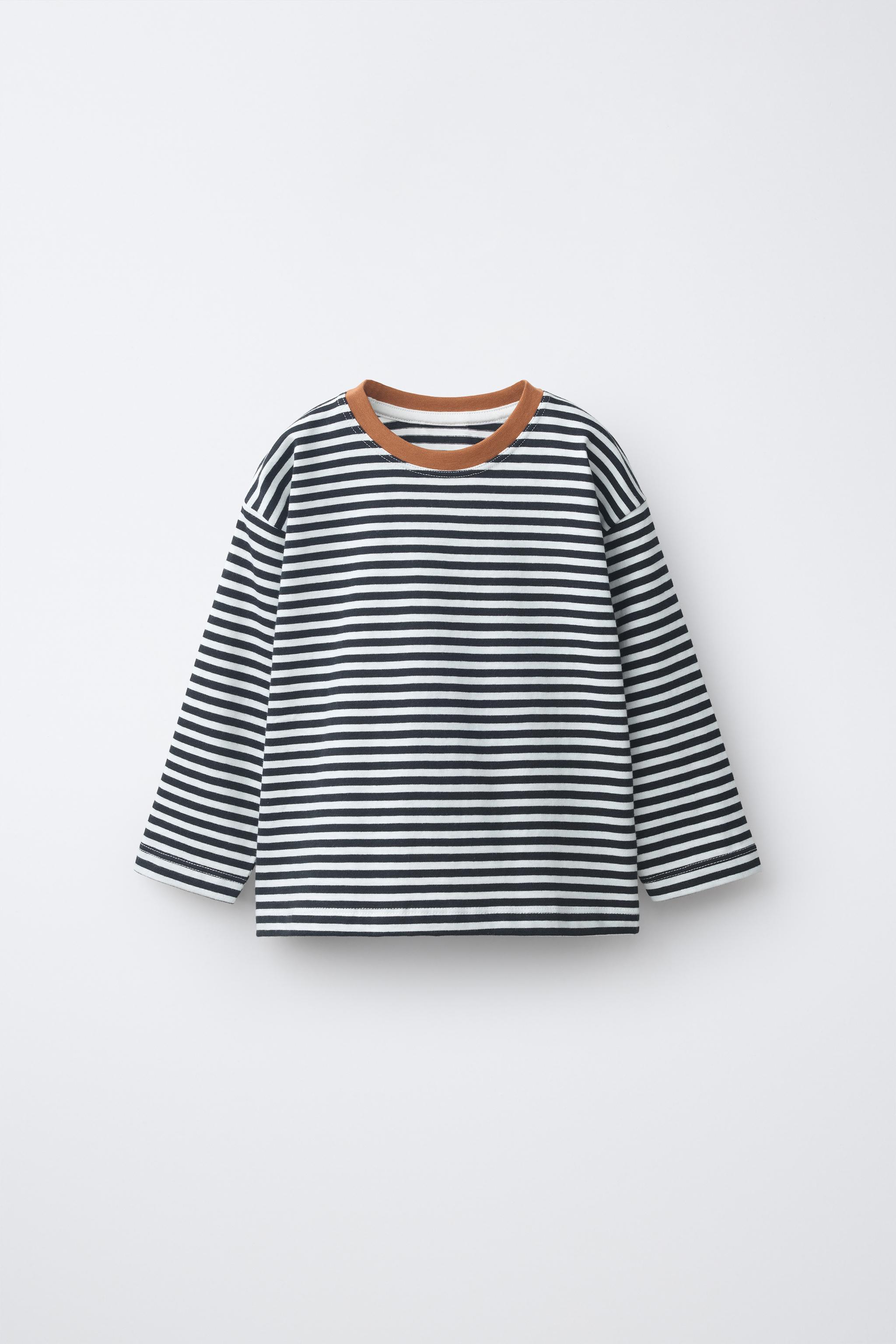 STRIPED CONTRAST COLLAR T-SHIRT — Black / White