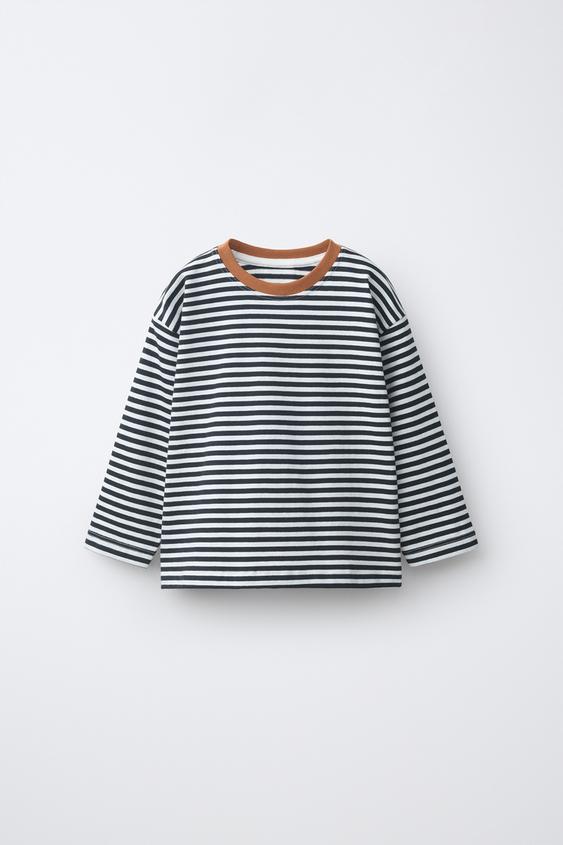 STRIPED CONTRAST COLLAR T-SHIRT - Black / White by Zara - Image 0