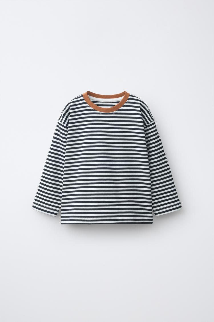 STRIPED CONTRAST COLLAR T-SHIRT — Black / White