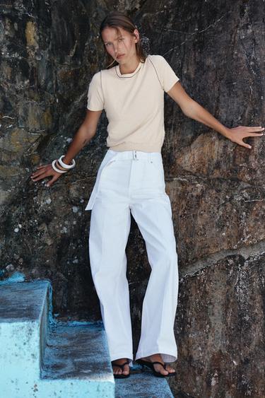 SHORT SLEEVE KNIT TOP WITH PIPING - Ecru by Zara