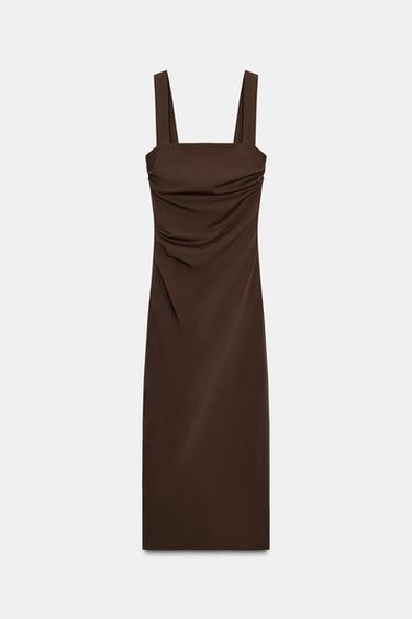 VESTIDO MIDI FRUNCES - Marrón de Zara