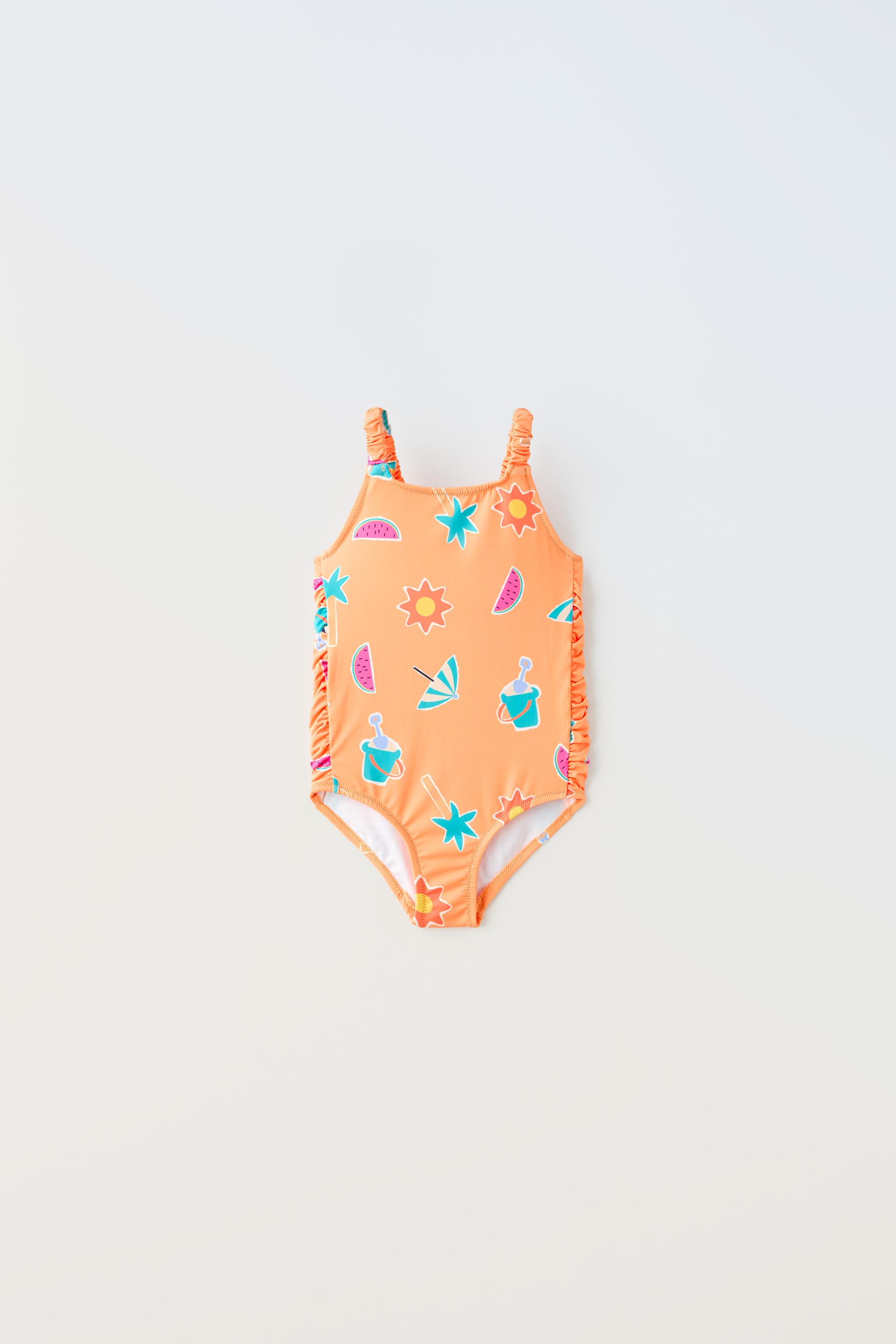ZARA Girls Tropical Floral Coral ORange Yellow Pink Bikini Swim suit 7 8 9  SWet