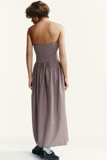 GINGHAM CHECK STRAPLESS MIDI DRESS - Dark pink by Zara - Image 6