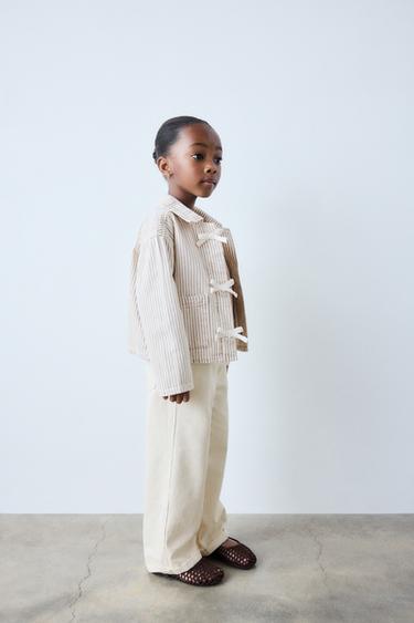 Zara STRIPED TWILL JACKET WITH BOWS - Ecru