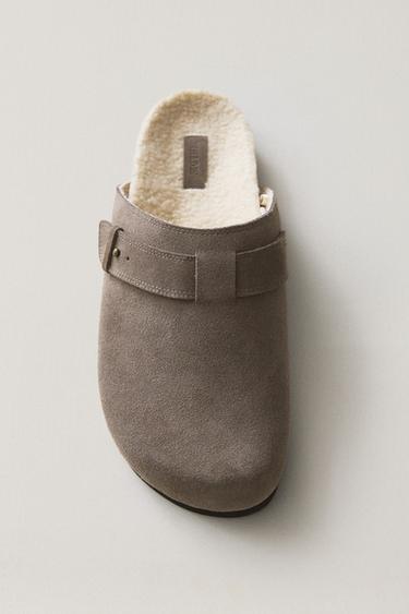 WARM LEATHER MULE CLOG SLIPPERS — Dark Gray 1