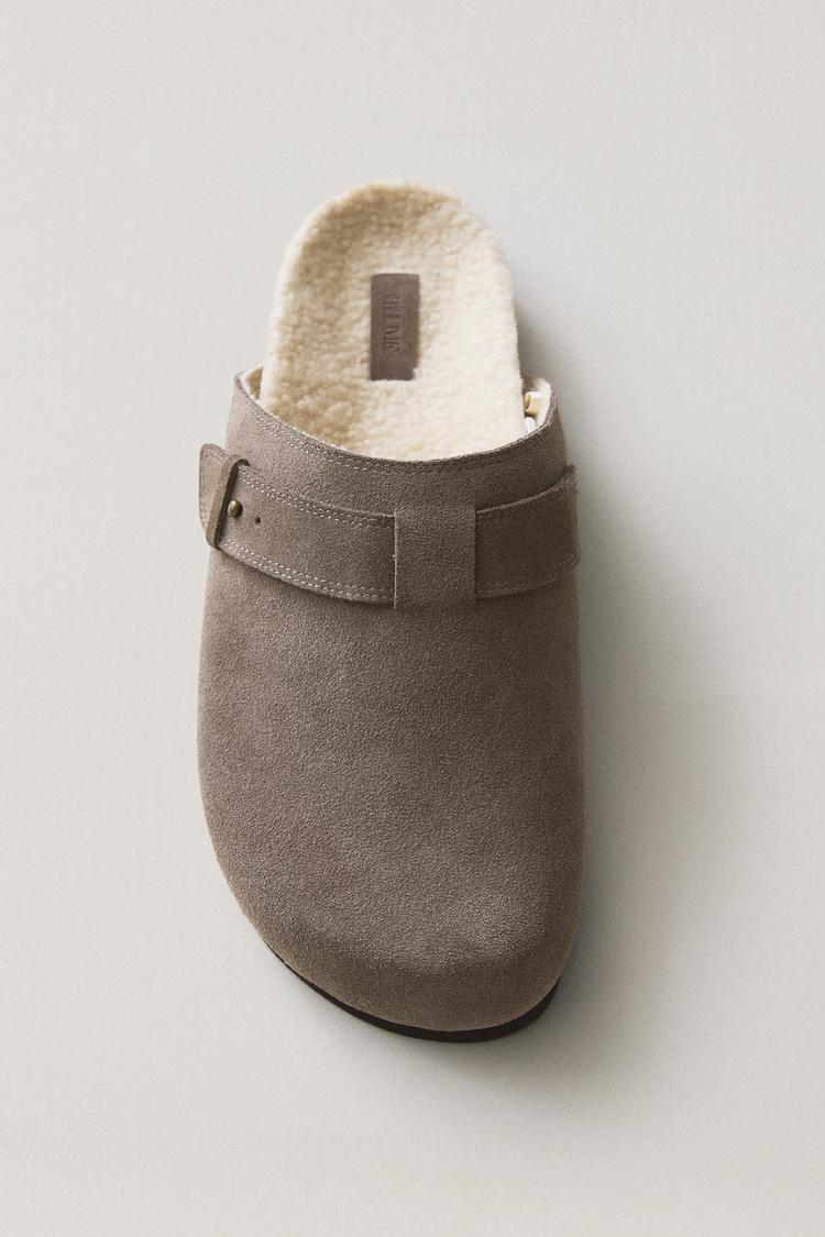 WARM LEATHER MULE CLOG SLIPPERS — Dark Gray