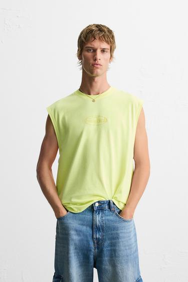 Zara RAISED PRINT TANK TOP - Neon yellow