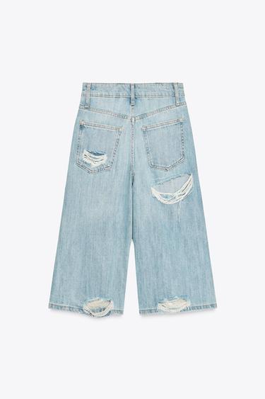 Zara RIPPED LOW RISE TRF DENIM JORTS - Blue