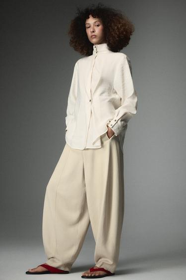 Zara PLEAT BUTTON SHIRT - Ecru