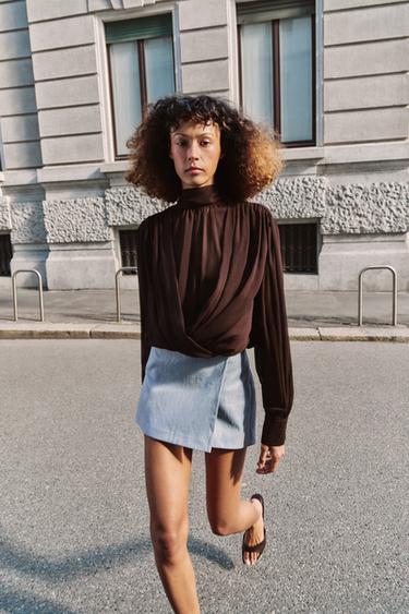 DRAPED BLOUSE WITH BOW - Brown by Zara