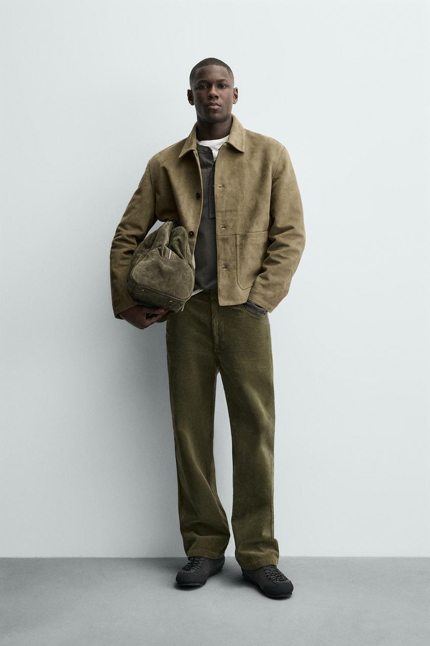 Zara - Faux Suede Jacket with Pockets - Gray Green - S - Man