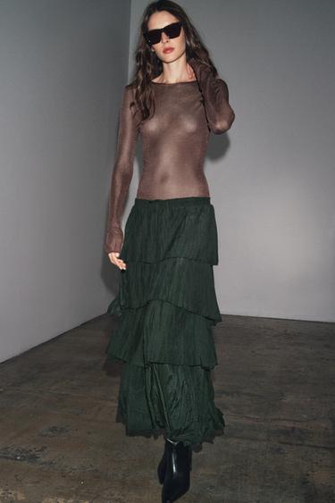 JUPE MIDI VOLANTS ZW COLLECTION - Vert foncé de Zara - Image 4