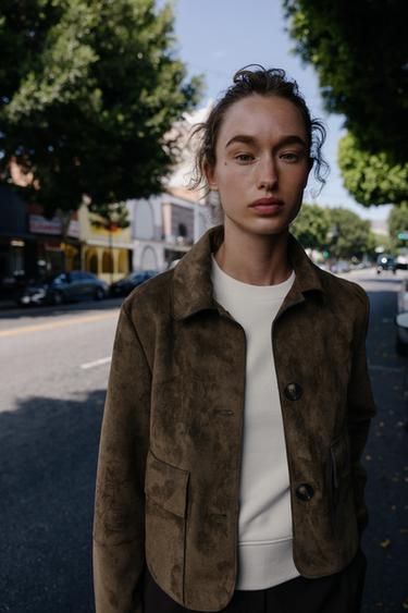 Zara FAUX SUEDE CROPPED JACKET - Khaki