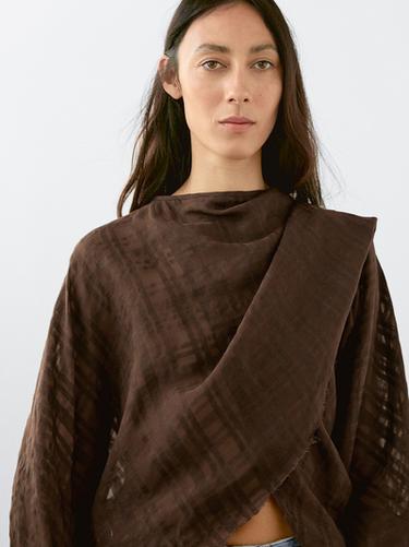 Zara Check linen blend cape - Brown
