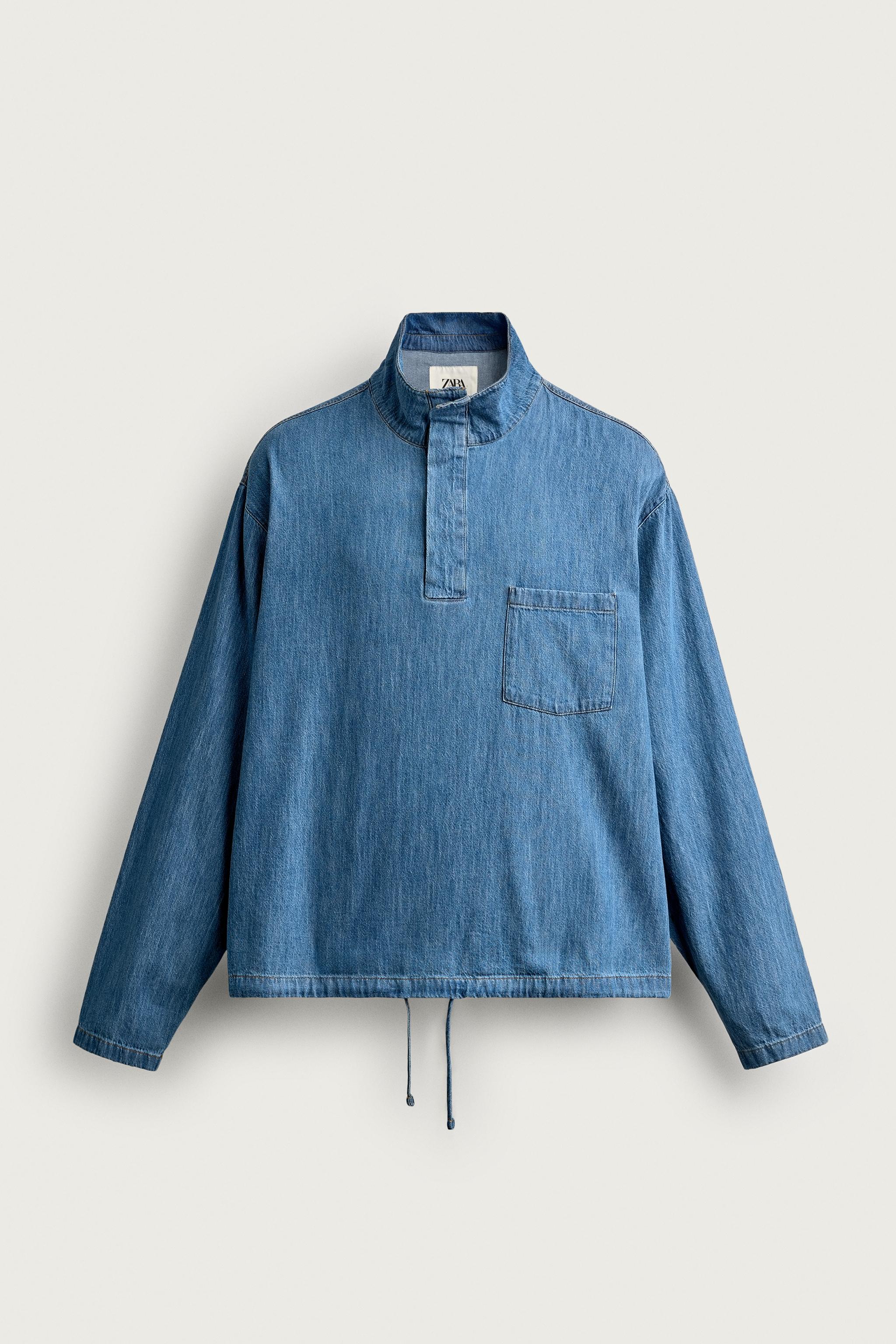 WASHED LIGHTWEIGHT DENIM POLO SHIRT — Light blue