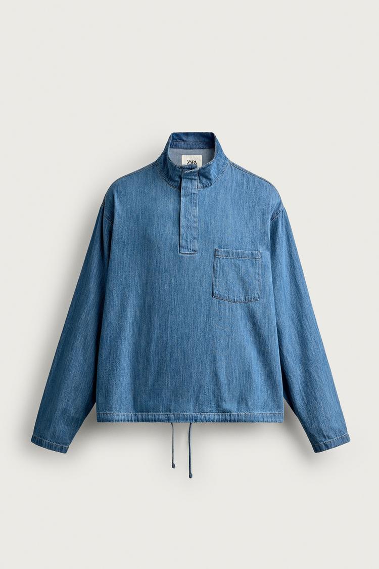 WASHED LIGHTWEIGHT DENIM POLO SHIRT — Light blue