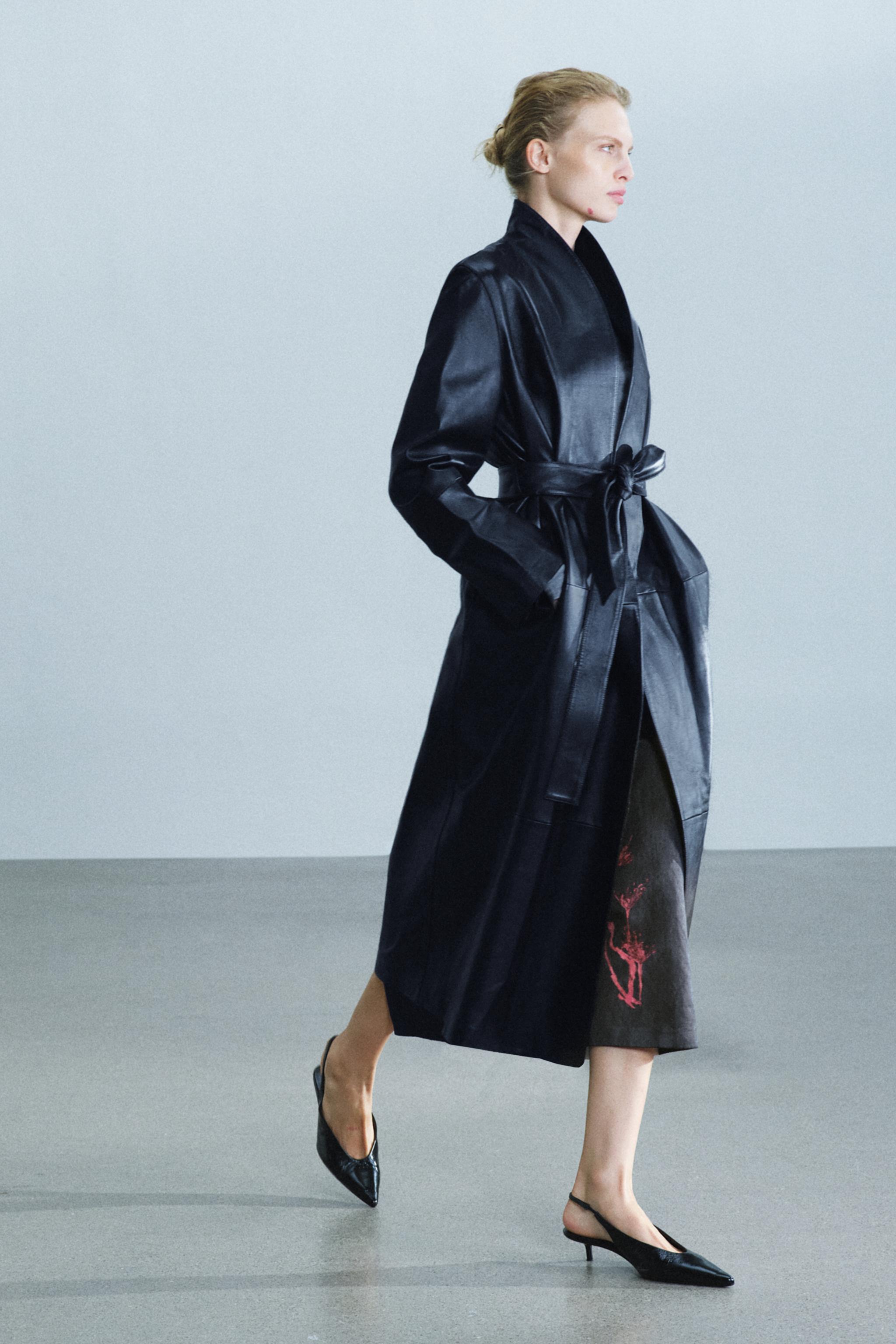 ZW COLLECTION 100% LEATHER BELTED LONG COAT