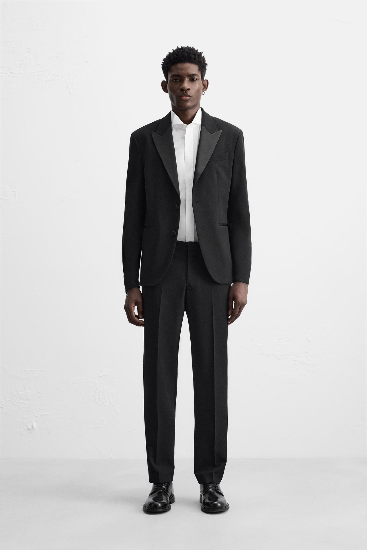 Zara WOOL BLEND TUXEDO SUIT PANTS - Black