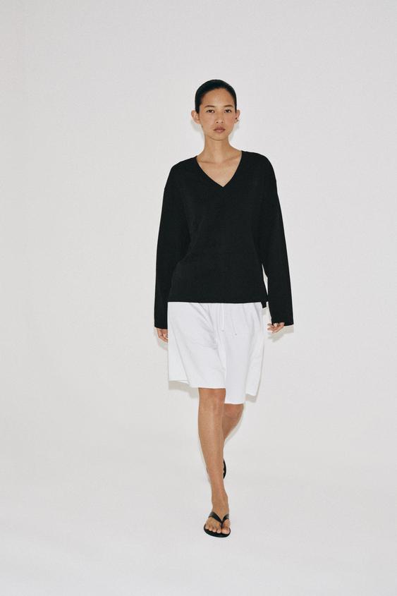 Zara Cotton V-Neck T-Shirt - Black - Image 0