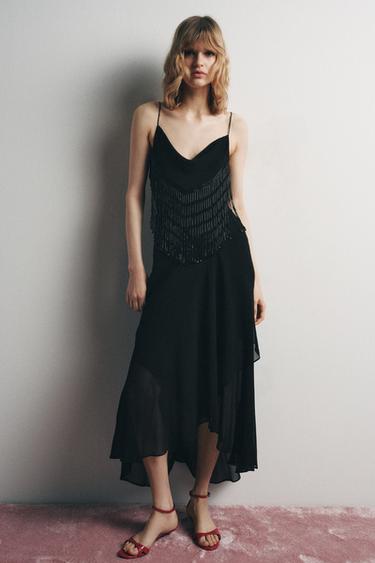 Zara LIMITED EDITION BEADED MIDI DRESS - Black