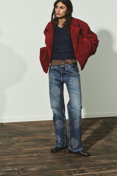 Zara HIGH-WAIST BARREL TRF FLORAL JEANS - Blue