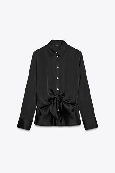 Zara KNOTTED SATIN EFFECT SHIRT - Black