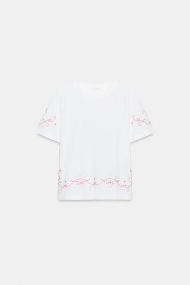 Zara CONTRAST EMBROIDERED T-SHIRT - White