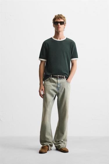 BASIC T-SHIRT MED KONTRAST RIBKANTER - mørk grøn fra Zara - Billede 0