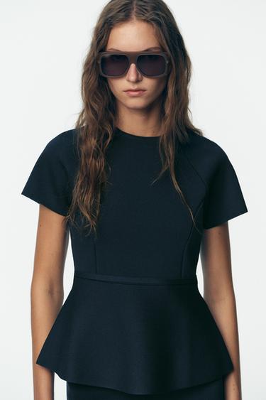 KNIT PEPLUM TOP - Navy blue by Zara
