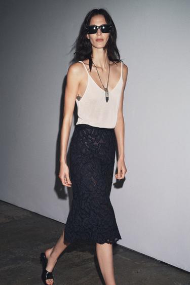 Zara ZW COLLECTION LACE MIDI SKIRT - Navy blue