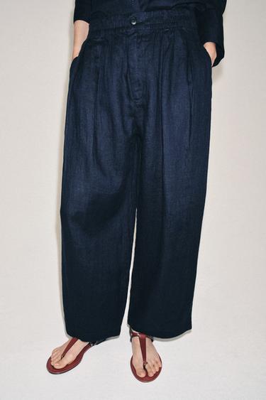 PANTALON À PLIS 100 % LIN ZW COLLECTION - Bleu marine de Zara