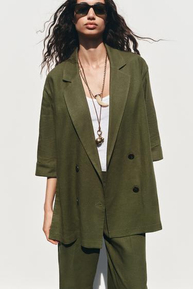 DOUBLE-BREASTED LINEN BLEND BLAZER - Dark khaki by Zara