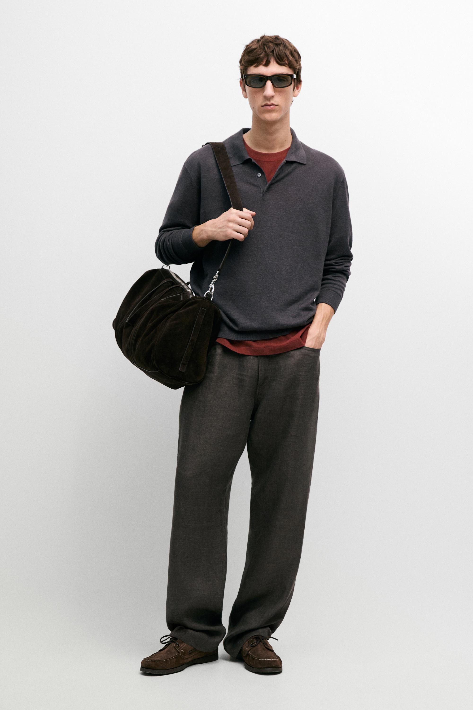 Linen semi-jogger fit denim-effect trousers