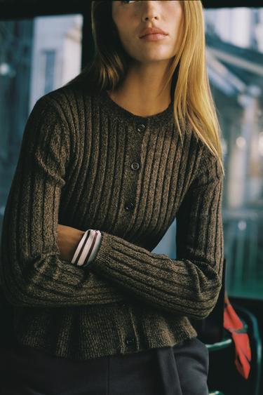 RIBBED PEPLUM CARDIGAN - Green marl by Zara - Image 4
