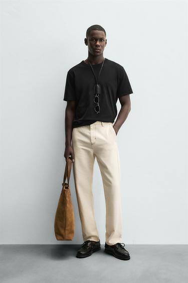 CONTRAST STITCHING TROUSERS - Ecru by Zara