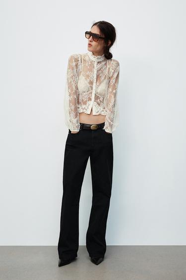 Zara 蕾絲綴鈕扣上衣 - 裸色 - 圖片 0