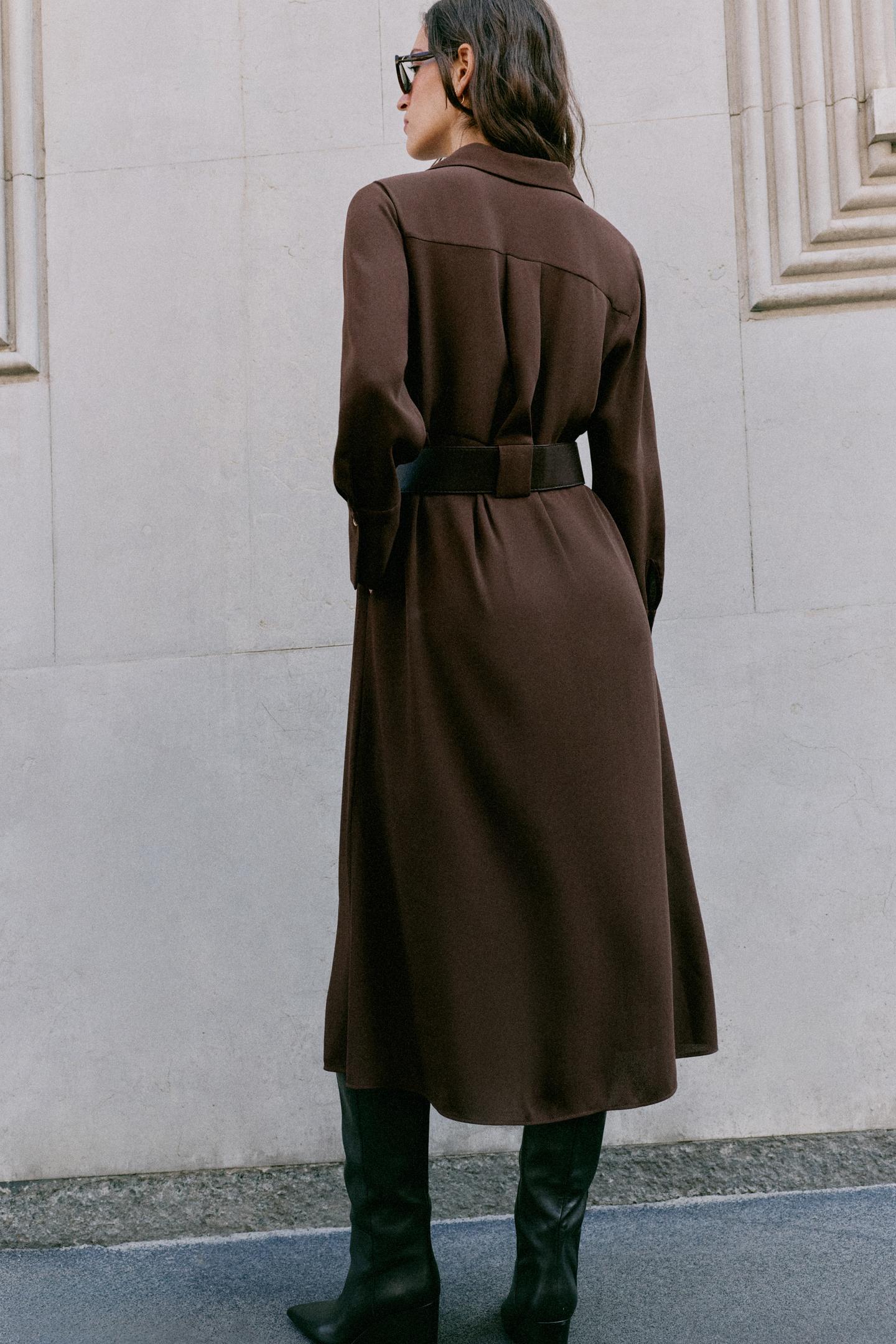 Женское платье Zara Belted MIDI Shirt Dress, цвет: Коричневый — фото 6